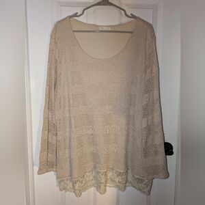 indigo soul Beige Crochet Scoop Neck Sweater with Lace Hem